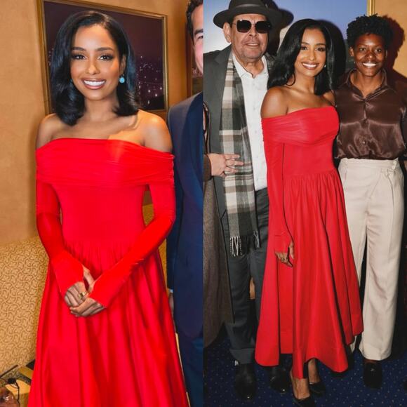 Alice + Olivia Chara Flared Midi Dress Off the Shoulder Bright Ruby Red 4 - Picture 15 of 16